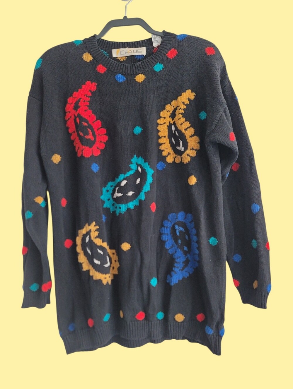 VTG 80s Colorful Chaus Paisley Polka Dot Cotton Sweater Cosby Crewneck Pullover
